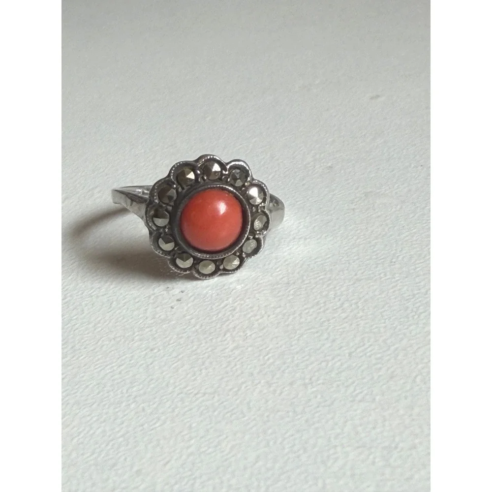 Vintage 835 Silver Red Coral Marcasite Scalloped‎ Halo DO NOT BUY